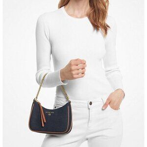 NWT‎ Michael Kors $198 Jet Set Charm Small Denim Pochette handbag gold chain